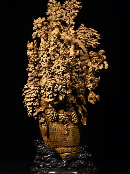 沉香花開(kāi)富貴一籃富貴木雕工藝品